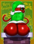  2022 anthro big_butt bodily_fluids bottomless bottomless_male bubble_butt butt candy candy_cane chimney christmas christmas_clothing christmas_headwear christmas_present clothed clothing costume demon denum(sillygoose) dessert digital_drawing_(artwork) digital_media_(artwork) embarrassed food green_eyes hat head_markings headgear headwear hi_res holidays holly_(plant) huge_butt imp male markings plant presenting presenting_hindquarters red_body santa_hat short_stack sillygoose sitting solo solo_focus stuck sweat tail tail_markings tail_motion thick_thighs wide_hips 