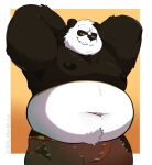  anthro bear belly black_body black_fur black_nipples bottomwear breasts clothing dreamworks fur giant_panda green_eyes hi_res kung_fu_panda male mammal master_po_ping moobs navel nipples overweight overweight_male shorts smile solo splashbeaw teeth text tusks white_body white_fur 