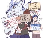  anthro bandai_namco belt blue_hair claws clothing digimon digimon_(species) eyewear feral glasses gloves gomamon green_eyes group hair handwear hi_res human humor joe_kido kbondoxxa male mammal matt_ishida protest protest_sign red_hair sign weregarurumon 