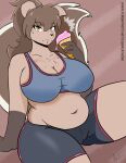  anthro athom big_breasts bottomwear bra breasts camel_toe canid canine canis clothing dessert domestic_dog elly_(athom) female food hi_res ice_cream mammal melting_ice_cream navel overweight overweight_female shorts solo sports_bra underwear 