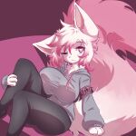  &lt;3 &lt;3_eyes 1:1 absurd_res anthro big_breasts breasts canid canine female fox hair hi_res huge_breasts mammal mazzlerazz multicolored_hair one_eye_closed pink_eyes pink_hair sitting solo white_body white_hair 