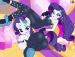  2022 4:3 accessory bedroom_eyes blue_eyes butt clothed clothed_feral clothing digital_media_(artwork) dock duo equestria_girls equid equine female feral friendship_is_magic hair hair_accessory hasbro hi_res horn horse human lipstick long_hair looking_at_viewer lying makeup mammal mascara moon_pearl my_little_pony narrowed_eyes on_back on_model on_side pony presenting presenting_hindquarters purple_hair purple_lipstick purple_tail raised_tail rarity_(eg) rarity_(mlp) seductive smile square_crossover succubi_samus suggestive tail tight_clothing unicorn white_body white_skin 