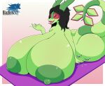  2022 amber_eyes anthro areola arthropod big_breasts big_butt blazkenzxy breast_rest breasts butt digital_drawing_(artwork) digital_media_(artwork) dragon female flygon generation_3_pokemon green_areola green_body green_nipples hi_res horn huge_breasts hyper hyper_breasts inviting lipstick looking_at_viewer lying makeup nintendo nipples nude open_mouth pokemon pokemon_(species) seductive signature simple_background solo tongue tongue_out 