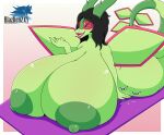 2022 amber_eyes anthro areola arthropod big_breasts big_butt blazkenzxy breast_rest breasts butt digital_drawing_(artwork) digital_media_(artwork) dragon female flygon generation_3_pokemon green_areola green_body green_nipples hi_res horn huge_breasts hyper hyper_breasts inviting lipstick looking_at_viewer lying makeup nintendo nipples nude open_mouth pokemon pokemon_(species) seductive signature simple_background solo tongue tongue_out wings 