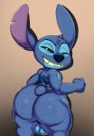  &lt;3 &lt;3_eyes 2022 4_fingers alien anthro backsack balls big_butt black_sclera blue_balls blue_body blue_fur blue_nose butt butt_focus disney experiment_(lilo_and_stitch) fingers fist fur genitals grin guide_lines hi_res huge_butt huge_thighs jerseydevil lilo_and_stitch looking_at_viewer looking_back male narrowed_eyes notched_ear purple_inner_ear rear_view sharp_teeth smile solo stitch_(lilo_and_stitch) teeth thick_thighs white_eyes 