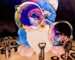  2019 5:4 beak blue_body blue_eyes blue_fur colored detailed_background dreamscreep eyelashes eyewear feral full-length_portrait fur furby furby_(species) glasses hair hindpaw key paws pink_hair portrait realistic shaded sitting solo sunglasses traditional_media_(artwork) white_body white_eyelashes white_fur 