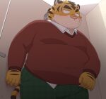  2022 anthro belly blush bodily_fluids bottomwear bulge clothed clothing detailed_background erection erection_under_clothing felid genital_fluids hi_res kemono male mammal overweight overweight_male pantherine pants penta002 precum shirt solo tiger topwear 