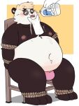  2022 3:4 absurd_res anthro bear belly big_belly black_body black_nose blush bound bulge chair clothing disembodied_hand duo eyewear furniture giant_panda glasses hi_res jamiephut kemono male mammal moobs navel nipples overweight overweight_male rope sitting solo_focus underwear white_body 