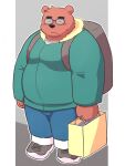  2022 3:4 anthro backpack bear black_nose blush bottomwear brown_body clothing eyewear glasses hi_res kemono kick_(artist) male mammal overweight overweight_male pants solo sweater topwear 