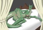  absurd_res anthro bed breasts curtains detailed_background dragon female furniture genitals green_body hi_res inside inviting jacsn long_tail looking_at_viewer lying nipples nude on_side purple_eyes pussy scalie solo spread_pussy spreading tail 