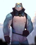  anthro blonde_hair blue_body blue_fur clothed clothing felid fishu24 fur hair hi_res lifewonders live_a_hero male mammal muscular muscular_anthro muscular_male nipples pantherine pecs rexer skimpy solo striped_body striped_fur stripes tiger 