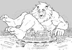  4_toes 5_fingers anthro barely_contained biceps big_muscles bodily_fluids city crowd destruction feet felid fingers greyscale group huge_muscles leo_(saitama_seibu_lions) lion looking_at_viewer macro male mammal mascot monochrome muscular muscular_anthro muscular_male nippon_professional_baseball pantherine saitama_seibu_lions sitting size_transformation solo soonico stadium sweat toes transformation worried 