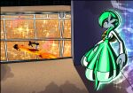  anthro clothing dress elemental_manipulation fan_character female fight fire fire_manipulation floating gardevoir generation_3_pokemon gown green_hair hair hi_res long_boots long_dress long_hair metal_skin metallic_body nintendo pokemon pokemon_(species) portal sneakyandy solo spikes stadium yellow_eyes zenith_(sneakyandy) 