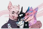  2019 anthro artist_name black_body black_hair blue_nose brown_clothing brown_hoodie brown_topwear canid clothed clothing dated eyes_closed fangs female glistening glistening_eyes grey_clothing grey_eyes grey_topwear group hair hoodie hybrid male mammal no_pupils orange_eyes pink_body pink_nose red_sclera riorix scalie simple_background teeth topwear trio white_body 