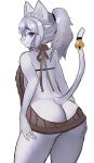  absurd_res ahkin anthro bell blue_eyes blush butt clothed clothing eyewear felid feline female glasses hi_res looking_at_viewer mammal rear_view simple_background solo white_background white_body 