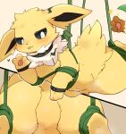  2022 absurd_res ambiguous_gender bdsm blep blush bondage bound claws disembodied_hand duo eeveelution featureless_crotch feral fur generation_1_pokemon generation_4_pokemon hi_res jolteon kemono kyameta leafeon looking_at_viewer mammal nintendo paws pokemon pokemon_(species) restraints rope rope_bondage rope_harness smile solo_focus tongue tongue_out 