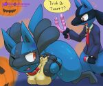  anthro arms_tied ass_up big_butt black_body black_fur blue_body blue_fur bodily_fluids bottomless bound breasts butt canid canine clothed clothing collar digitigrade dildo disbelief double_dildo duo english_text female fur generation_4_pokemon halloween hands_behind_back holding_dildo holding_object holding_sex_toy holidays jack-o&#039;-lantern kurohane_karasu looking_back lube_bottle lucario lying male male/female mammal nintendo nude on_front one_eye_closed open_mouth open_smile orange_eyes pokemon pokemon_(species) sex_toy smile suit sweat text 