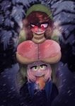  2022 absurd_res alternate_universe anthro areola areola_slip asriel_dreemurr big_breasts boob_hat bovid breasts brown_hair burn_scar caprine chara_(undertale) clothing darkynsfw duo female fingers fur glowing glowing_eyes goat green_clothing green_eyes green_hoodie green_topwear hair hands_on_shoulders hi_res hoodie human male mammal outside red_eyes scar scarf snow snowing storyshift teeth topwear undertale undertale_(series) white_body white_fur 