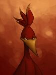  2009 anthro avian banjo-kazooie beak breegull digital_media_(artwork) digital_painting_(artwork) eyelashes feathers female feral green_eyes half-length_portrait hi_res kazooie lidded_eyes looking_aside orange_background portrait rareware red_body red_feathers signature simple_background smashsweetie smile solo wings yellow_beak 