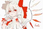  bangs blonde_hair bow character_name flandre_scarlet hair_between_eyes hat hat_bow highres limited_palette looking_at_viewer medium_hair mob_cap own_hands_together portrait red_bow red_eyes sakuratsuki sketch slit_pupils tongue tongue_out touhou white_background wings wrist_cuffs 