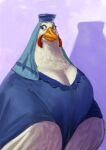  2019 absurd_res anthro avian avian_caruncle beak big_breasts bird blue_clothing blue_dress blue_eyes blue_headdress blue_headwear breasts chicken cleavage clothed clothing dewlap_(anatomy) digital_media_(artwork) disney dress dyna_soar eyebrows eyelashes feathers female galliform gallus_(genus) headgear headwear hi_res lady_kluck looking_away mature_female medieval_clothing overweight overweight_female phasianid portrait raised_eyebrow robin_hood_(disney) shadow simple_background smile smirk solo standing three-quarter_portrait wattle white_body white_feathers winged_arms wings yellow_beak 