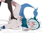  2girls absurdres ahegao animal_costume animal_hood bangs bed_sheet black_thighhighs blue_eyes blue_hair blue_hoodie blue_socks blunt_bangs blush boots carrot_011 clothes_pull cross-laced_footwear female_footjob fish_tail foot_on_pussy footjob footjob_over_clothes gawr_gura grey_hair heart highres hololive hololive_english hood hoodie lace-up_boots legs_up long_sleeves lying medium_hair multicolored_hair multiple_girls no_pants no_shoes on_back one_eye_closed open_mouth out_of_frame panties partially_undressed pussy_juice pussy_juice_stain shark_costume shark_girl shark_hood shark_tail shirt_pull shoes sidelocks simple_background socks spread_legs squinting stepped_on streaked_hair tail thighhighs thighs two-tone_hair two_side_up underwear virtual_youtuber watson_amelia white_background white_footwear wide_sleeves yuri 