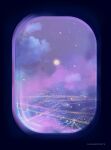  absurdres airplane_interior artist_name city cityscape cloud cloudy_sky commentary english_commentary full_moon highres moon night night_sky no_humans original pink_clouds scenery sky skyline star_(sky) starry_sky sugarmintdreams twitter_username window 