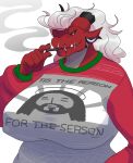  absurd_res anthro black_sclera broken_horn christmas clothing dragon female hair hi_res holidays horn hybrid jesus_christ lewdwifi not_furry red_body religion sharp_teeth simple_background smoke smoking solo sweater teeth topwear white_hair wynnoa_(tolerain) yellow_eyes 