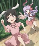  2girls :3 anger_vein animal_ears bamboo bamboo_forest bangs black_hair blush blush_stickers breasts brown_footwear clenched_hands collared_shirt commentary_request dress feet_out_of_frame fleeing floppy_ears forest frilled_sleeves frills full_body gurina_15 highres inaba_tewi light_purple_hair loafers long_hair long_sleeves medium_breasts multiple_girls nature necktie new_year official_style open_mouth outdoors parody phantasmagoria_of_flower_view pink_dress pink_skirt puffy_short_sleeves puffy_sleeves purple_hair rabbit_ears rabbit_girl reaching red_eyes red_necktie reisen_udongein_inaba ribbon-trimmed_dress running shirt shoes short_hair short_sleeves skirt smile socks style_parody touhou white_shirt white_socks zun_(style) 