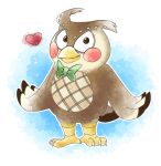  &lt;3 2020 absurd_res animal_crossing anthro avian bird blathers_(animal_crossing) blue_background brown_body full-length_portrait green_bow_tie hi_res looking_at_viewer male nintendo owl portrait simple_background solo standing tito_curmudgeon white_background 