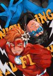  2boys black_bodysuit black_hair blue_bodysuit bodysuit character_name dc_comics dick_grayson domino_mask doufujintianxianle highres kid_flash large_pectorals male_focus mask multiple_boys muscular muscular_male nightwing orange_hair pectorals red_bodysuit short_hair smile superhero two-tone_bodysuit wally_west young_justice 