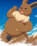  anthro blush bulge cloud eevee generation_1_pokemon giga hi_res imminent_vore kify macro male nintendo open_mouth overweight overweight_anthro overweight_male pokemon pokemon_(species) solo tongue tongue_out 