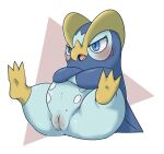  annoyed annoyed_expression anthro avian bird blue_body blush bodily_fluids chubby_female crossed_arms doneru female generation_4_pokemon genital_fluids genitals leaking_pussy nintendo pokemon pokemon_(species) prinplup pussy pussy_juice simple_background sitting solo spread_legs spreading sweat 