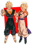  2boys absurdres artist_name baggy_pants biceps black_footwear black_vest black_wristband blonde_hair blue_eyes boots clenched_hand closed_mouth collarbone crossed_arms dougi dragon_ball dragon_ball_z earrings frown full_body glaring gloves gogeta grey_sash hair_between_eyes halo hand_up highres jewelry looking_at_viewer male_focus metamoran_vest multiple_boys muscular muscular_male open_clothes open_vest orange_shirt pants potara_earrings purple_sash red_background relio_db318 sash shirt short_sleeves simple_background smile smirk spiked_hair standing super_saiyan super_saiyan_1 twitter_username two-tone_background v-shaped_eyebrows vegetto veins vest white_background white_footwear white_gloves white_pants wristband 