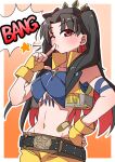  1girl akitokage bandaid bangs bare_shoulders belt black_hair blue_bandeau breasts cropped_vest earrings fate/grand_order fate_(series) fingerless_gloves gloves hair_ribbon highres hoop_earrings ishtar_(fate) jewelry long_hair looking_at_viewer medium_breasts multicolored_hair navel one_eye_closed parted_bangs red_eyes red_hair ribbon short_shorts shorts solo space_ishtar_(fate) space_ishtar_(second_ascension)_(fate) speech_bubble tiara two-tone_hair two_side_up vest yellow_gloves yellow_shorts yellow_vest 