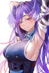  1girl absurdres armpits asymmetrical_arms bandaged_arm bandages bangs belt blue_eyes breasts detached_collar dragon_girl head_wings heterochromia highres large_breasts long_hair looking_at_viewer naokomama nijisanji nijisanji_en nipple_slip nipples no_bra purple_eyes purple_hair selen_tatsuki sideboob sleeveless smile solo upper_body virtual_youtuber 