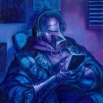  1other ambiguous_gender armor blue_theme cellphone full_armor full_body gauntlets headphones helm helmet highres holding holding_phone hood hood_down hoodie indoors oil_painting_(medium) original painting_(medium) phone sitting sleepysolaire smartphone solo surreal traditional_media upper_body 