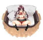  1girl ahoge areola_slip bikini black_socks blue_eyes blush bow bowtie breasts brown_hair cameltoe closed_mouth clothes_lift couch fisheye from_above grey_skirt highres ichinose_shiki idolmaster idolmaster_cinderella_girls large_breasts long_hair looking_at_viewer micro_bikini off_shoulder on_couch red_bikini red_bow red_bowtie sitting skirt skirt_lift socks solo spread_legs swimsuit tachibana_roku wooden_floor 