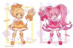  #compass 2girls bangs blonde_hair blush boots bow character_name dated dress elbow_gloves full_body gloves green_eyes hair_bow hair_ornament heart heart_hair_ornament highres holding holding_wand long_hair looking_at_viewer mameeekueya multiple_girls open_mouth orange_dress orange_footwear pink_bow pink_footwear pink_hair puffy_sleeves ririka_(#compass) ruruka_(#compass) short_sleeves skirt twintails twitter_username very_long_hair wand white_gloves yellow_eyes 