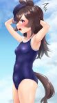 1girl ^^^ absurdres animal_ears armpits arms_behind_head black_hair blue_headwear blue_one-piece_swimsuit blue_sky blush breasts cloud commentary_request competition_school_swimsuit cowboy_shot highres horse_ears horse_tail long_hair looking_at_viewer naka_ushiro nose_blush one-piece_swimsuit profile purple_eyes rice_shower_(umamusume) school_swimsuit sky small_breasts solo swimsuit tail tilted_headwear umamusume wet wet_clothes wet_swimsuit 