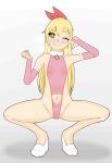  1girl absurdres blonde_hair breasts clothing_cutout cosplay gloves hair_ribbon heart heart-shaped_pupils high_heels highres kirisaki_chitoge kirisaki_chitoge_(cosplay) leotard looking_at_viewer mari_gold mole mole_under_eye navel navel_cutout nisekoi non-web_source one_eye_closed orange_eyes original pink_leotard ribbon rong_rong shoes small_breasts source_request squatting symbol-shaped_pupils thick_eyebrows v white_footwear 