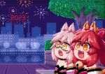  2023 animal_ear_fluff animal_ears bare_shoulders bell blush_stickers city collar detached_sleeves fangs fate/grand_order fate_(series) fireworks fox_ears fox_girl fox_tail glasses grey-framed_eyewear hair_ribbon happy_new_year japanese_clothes jingle_bell keita_naruzawa kimono koyanskaya_(fate) neck_bell night night_sky open_mouth pink_hair pink_kimono pixel_art ponytail red_kimono red_ribbon ribbon sky tail tamamo_(fate) tamamo_cat_(fate) tree yellow_eyes 