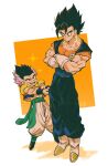  2boys absurdres artist_name baggy_pants black_eyes black_footwear black_hair black_wristband blue_sash boots closed_mouth clothes_pull collarbone crossed_arms dougi dragon_ball dragon_ball_super dragon_ball_z earrings full_body gloves gotenks green_pants green_sash highres jewelry light_frown looking_at_another male_focus metamoran_vest multicolored_hair multiple_boys muscular muscular_male open_clothes open_mouth open_vest orange_background orange_shirt pants potara_earrings purple_hair relio_db318 sash shirt short_sleeves simple_background spiked_hair standing teeth twitter_username two-tone_background two-tone_hair v-shaped_eyebrows vegetto vest white_background white_footwear white_gloves wristband 