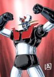  clenched_hands highres looking_ahead mazinger_(series) mazinger_z mazinger_z_(mecha) mecha no_humans ohtagaki_yasuo red_background robot science_fiction solo super_robot yellow_eyes 