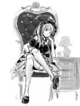  1girl arm_support bangs black_footwear breasts chair chika_(keiin) crossed_legs dress girls&#039;_frontline greyscale hair_ornament highres lamp long_hair looking_at_viewer mdr_(girls&#039;_frontline) medium_breasts monochrome multicolored_clothes multicolored_hair nightstand on_chair shoe_dangle sitting thighhighs white_background 