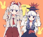  2girls :o alternate_sleeve_length arms_up ascot baggy_pants bangs blue_dress blue_hair blue_headwear bow breasts brown_pants bunny_background bunny_pose circle cleavage collared_dress collared_shirt cowboy_shot d: dot_nose dress frilled_ascot frills fujiwara_no_mokou grey_shirt hair_bow half_updo hat high-waist_pants itomugi-kun kamishirasawa_keine long_hair long_sleeves looking_at_viewer multicolored_hair multiple_girls neckerchief ofuda ofuda_on_clothes orange_background pants parted_lips puffy_long_sleeves puffy_sleeves red_ascot red_eyes red_neckerchief romaji_text shirt shirt_tucked_in side-by-side sleeve_garter standing straight-on streaked_hair tokin_hat touhou two-tone_background two-tone_hair v-shaped_eyebrows very_long_hair white_hair white_sleeves wing_collar 