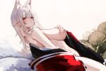  1girl absurdres animal_ears breasts fox_ears fox_tail highres japanese_clothes kimono kitsune long_hair looking_back naokomama nijisanji nijisanji_en nina_kosaka open_clothes open_kimono red_eyes sideboob solo tail virtual_youtuber white_background white_hair 