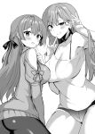  2girls adjusting_hair blush bow bra_strap braid bralines clothing_cutout dress from_behind greyscale grin hair_bow highres long_hair long_sleeves looking_at_viewer micro_shorts monochrome multiple_girls sanshoku_amido shorts shoulder_cutout simple_background smile sweater sweater_dress white_background 
