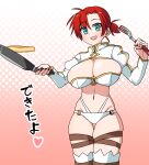  1girl akitokage bangs bikini blush boots boudica_(fate) breasts cleavage fate/grand_order fate_(series) green_eyes highleg highleg_bikini highres large_breasts long_sleeves looking_at_viewer navel o-ring open_mouth red_hair short_hair short_ponytail shrug_(clothing) skillet smile solo spatula swimsuit thigh_boots thigh_strap thighhighs thighs translation_request white_bikini white_thighhighs 