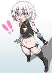  ! !! 1girl akitokage bandaged_arm bandages bare_shoulders black_panties black_thighhighs black_vest breasts cropped_vest fate/apocrypha fate_(series) full_body green_eyes hair_between_eyes highres jack_the_ripper_(fate/apocrypha) looking_at_viewer navel open_mouth panties scar scar_across_eye scar_on_cheek scar_on_face short_hair shoulder_tattoo small_breasts smile solo tattoo thighhighs underwear vest white_hair 